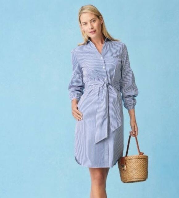 J. McLaughlin Dresses & Skirts - J. McLaughlin Millbury White & Navy Striped Poplin Dress Pockets Size Large